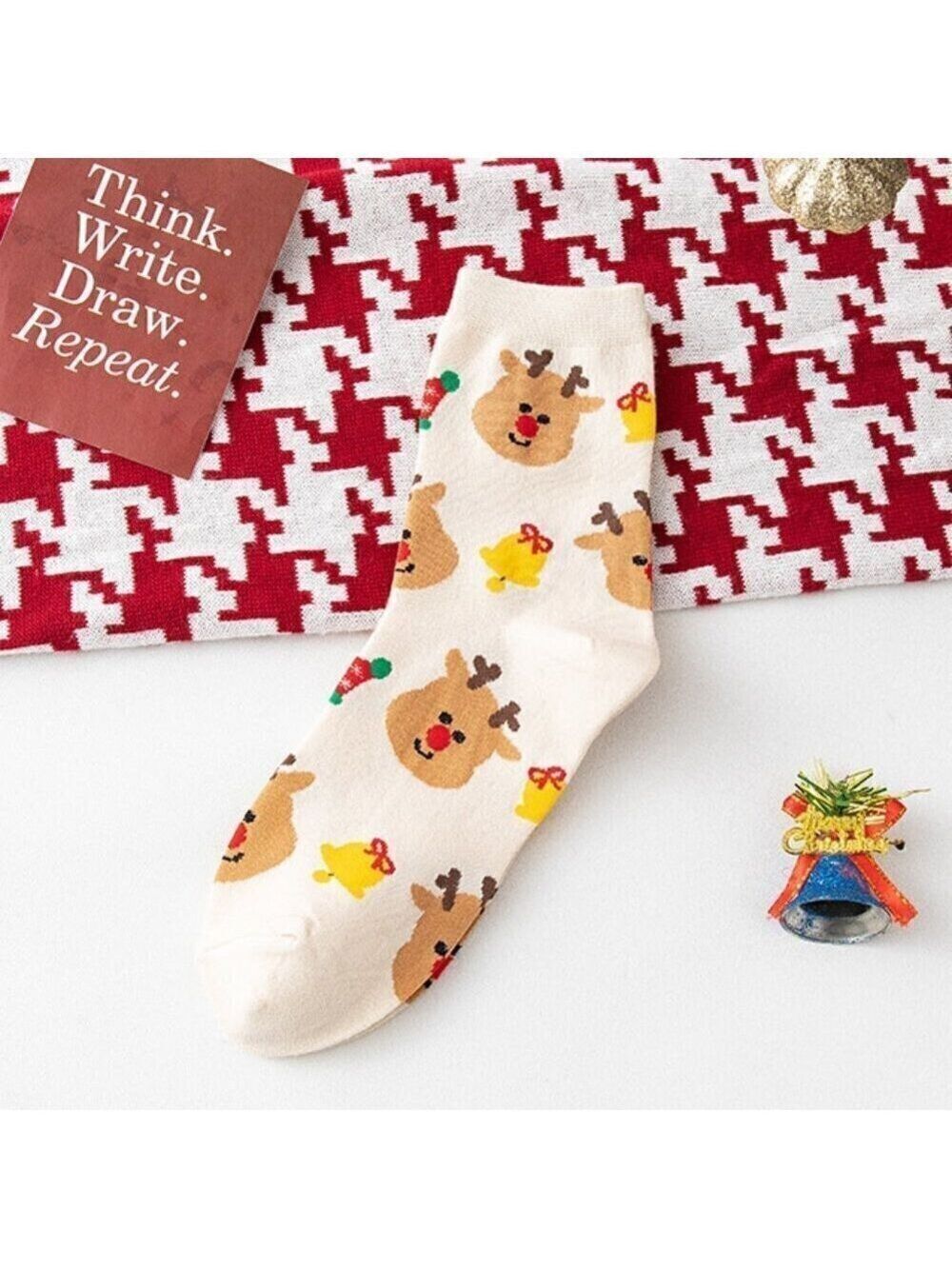 Christmas Rudolf Reindeer Women's Nylon Cotton Jacquard Crew Socks
